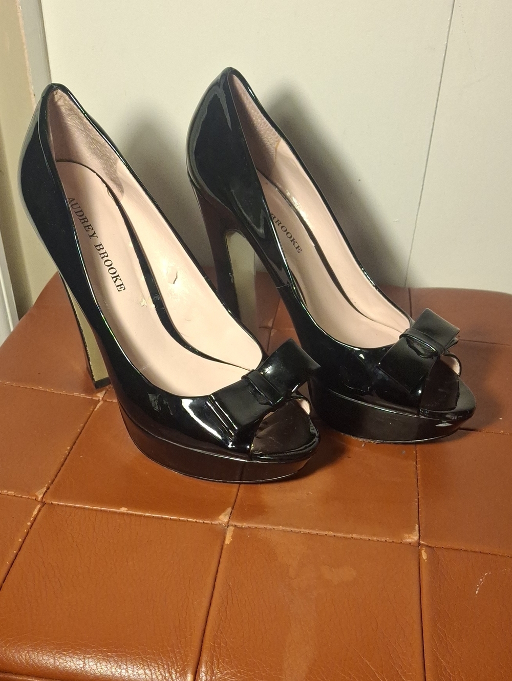 Audrey Brooke Black Patent Peep-Toe Platform Pumps with Bow
